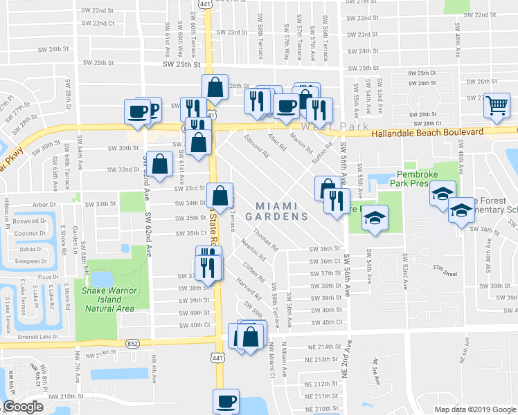 map of restaurants, bars, coffee shops, grocery stores, and more near 39 Virginia Road in West Park