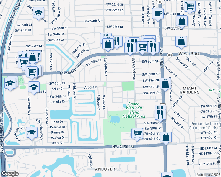 map of restaurants, bars, coffee shops, grocery stores, and more near 3404 Southwest 63rd Way in Miramar
