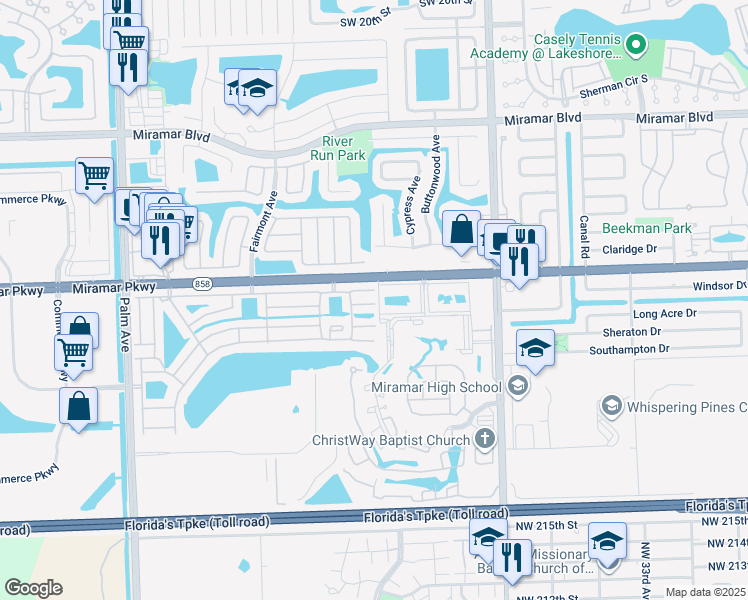 map of restaurants, bars, coffee shops, grocery stores, and more near 9291 East Fern Lane in Miramar