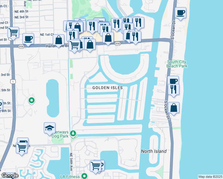 map of restaurants, bars, coffee shops, grocery stores, and more near in Hallandale Beach