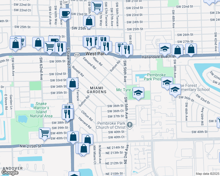 map of restaurants, bars, coffee shops, grocery stores, and more near 115 Miami Gardens Road in West Park