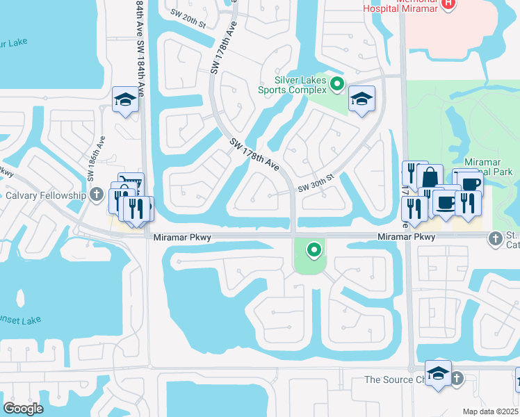 map of restaurants, bars, coffee shops, grocery stores, and more near 17997 Southwest 30th Court in Miramar