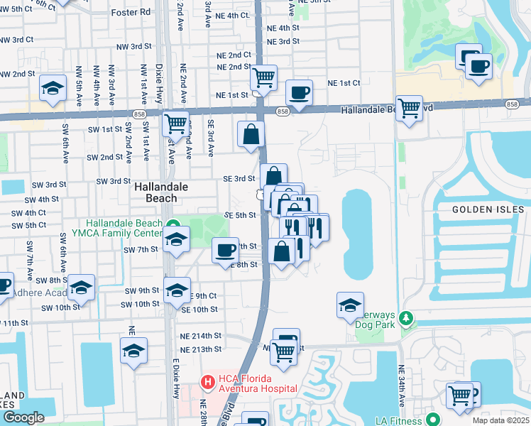 map of restaurants, bars, coffee shops, grocery stores, and more near in Hallandale Beach
