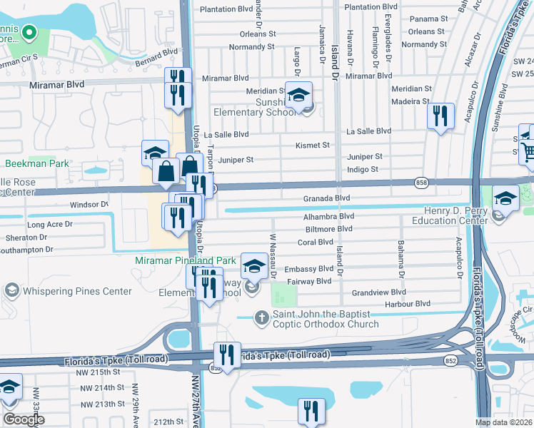 map of restaurants, bars, coffee shops, grocery stores, and more near 7809 Alhambra Blvd in Miramar