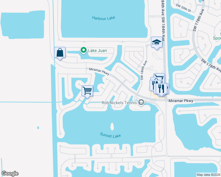 map of restaurants, bars, coffee shops, grocery stores, and more near 3102 Southwest 189th Avenue in Miramar