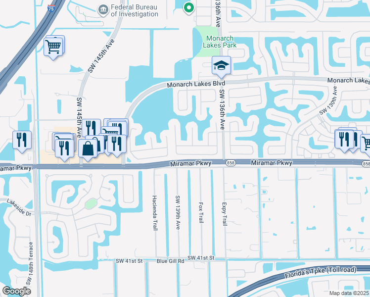 map of restaurants, bars, coffee shops, grocery stores, and more near 13852 Southwest 31st Street in Miramar