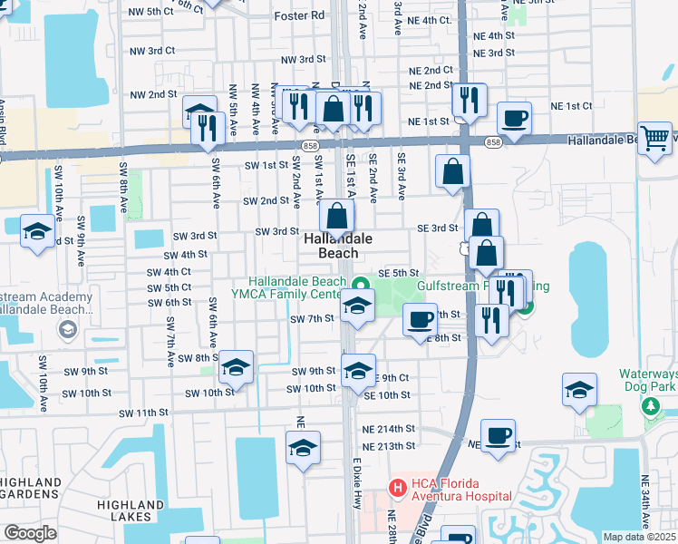 map of restaurants, bars, coffee shops, grocery stores, and more near 120 Southwest 5th Street in Hallandale Beach