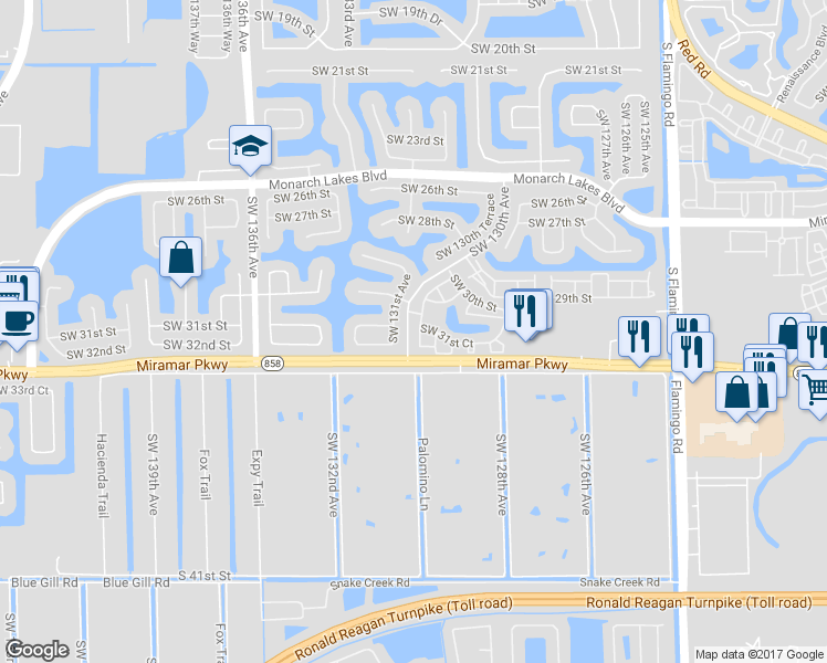map of restaurants, bars, coffee shops, grocery stores, and more near 3155 Southwest 131st Avenue in Miramar