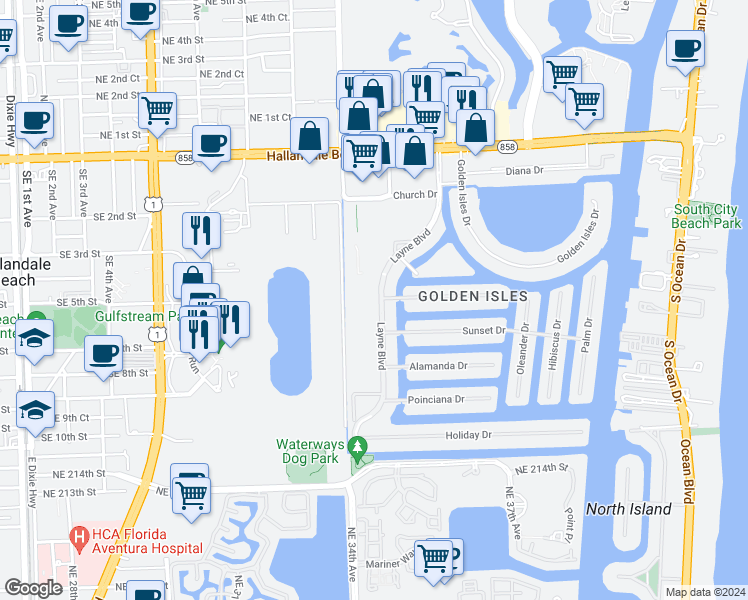 map of restaurants, bars, coffee shops, grocery stores, and more near 450 Layne Boulevard in Hallandale Beach