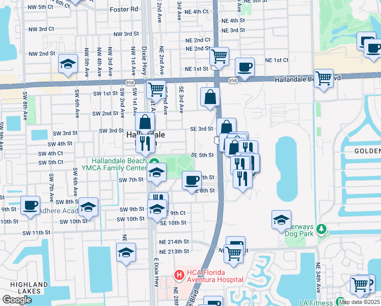map of restaurants, bars, coffee shops, grocery stores, and more near 409 Gulfstream Street in Hallandale Beach