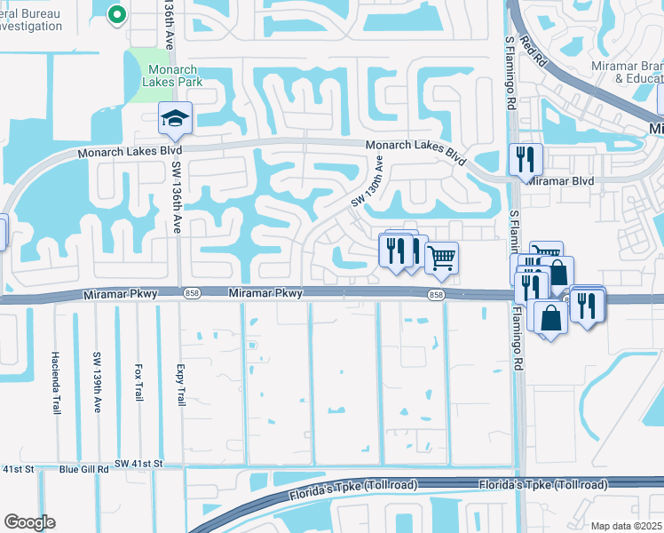 map of restaurants, bars, coffee shops, grocery stores, and more near 3157 Southwest 129th Way in Miramar
