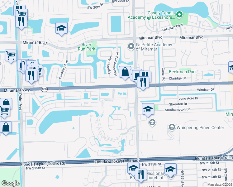 map of restaurants, bars, coffee shops, grocery stores, and more near 3235 Foxcroft Road in Miramar