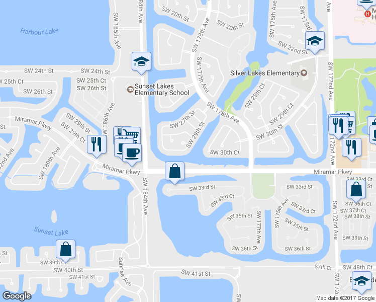 map of restaurants, bars, coffee shops, grocery stores, and more near 18126 Southwest 29th Street in Miramar