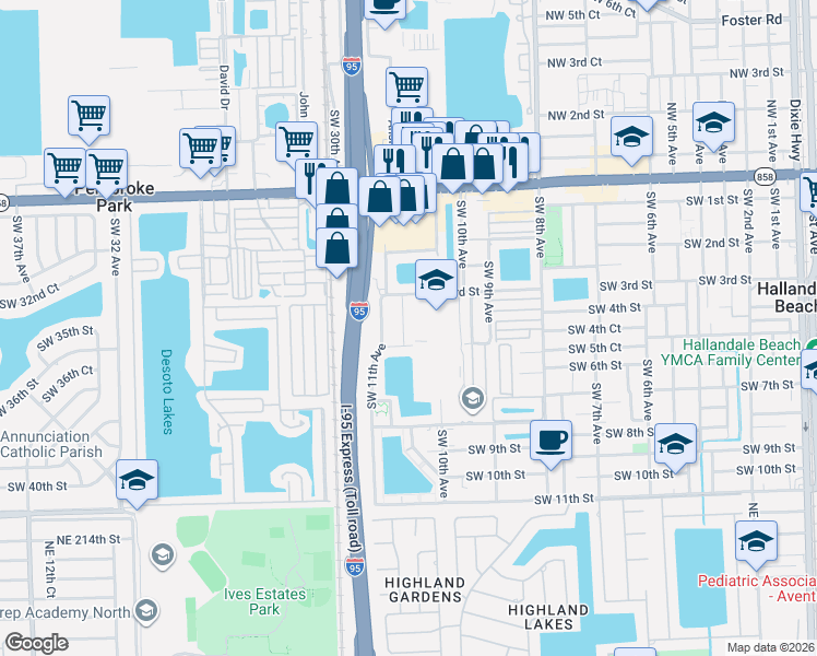 map of restaurants, bars, coffee shops, grocery stores, and more near 421 Southwest 10th Terrace in Hallandale Beach