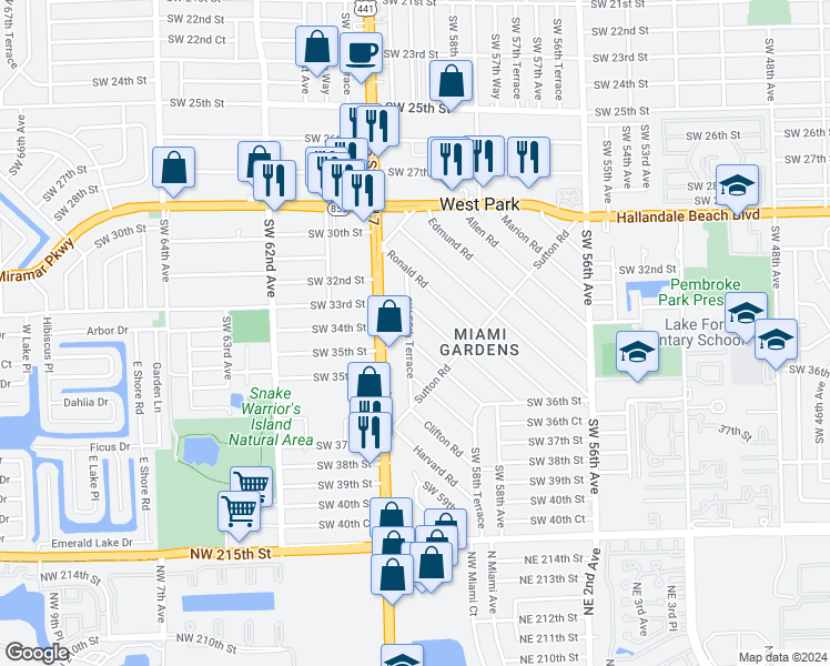 map of restaurants, bars, coffee shops, grocery stores, and more near 3405 Southwest 59th Terrace in West Park