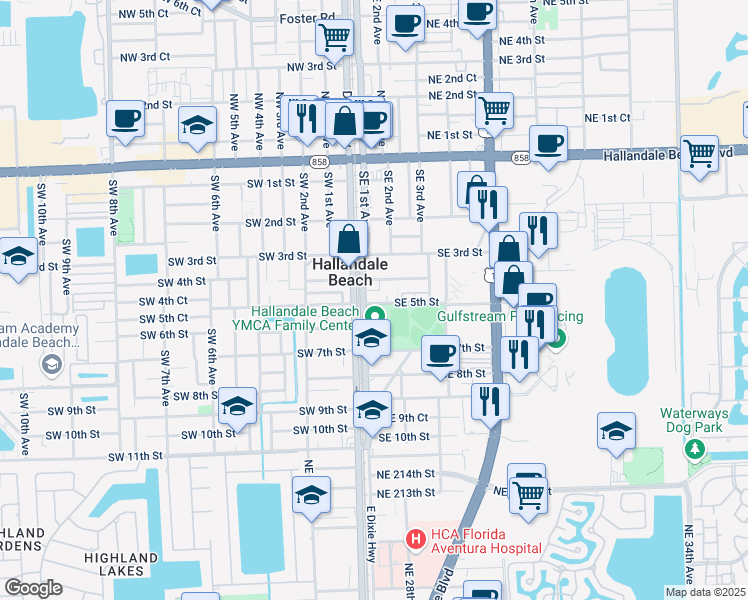 map of restaurants, bars, coffee shops, grocery stores, and more near 120 Southwest 5th Street in Hallandale Beach