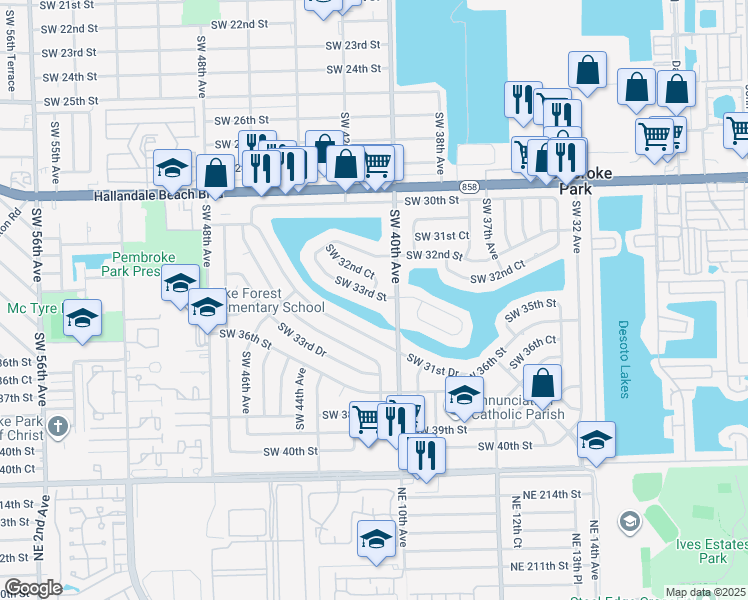 map of restaurants, bars, coffee shops, grocery stores, and more near 4030 Southwest 33rd Street in West Park