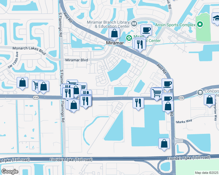 map of restaurants, bars, coffee shops, grocery stores, and more near 3101 Southwest 119 Avenue in Miramar