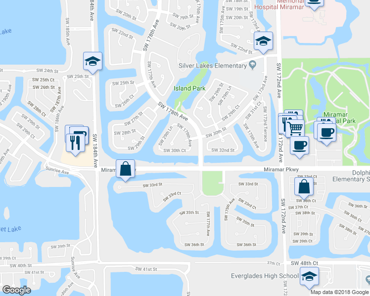 map of restaurants, bars, coffee shops, grocery stores, and more near 17937 Southwest 30th Court in Miramar