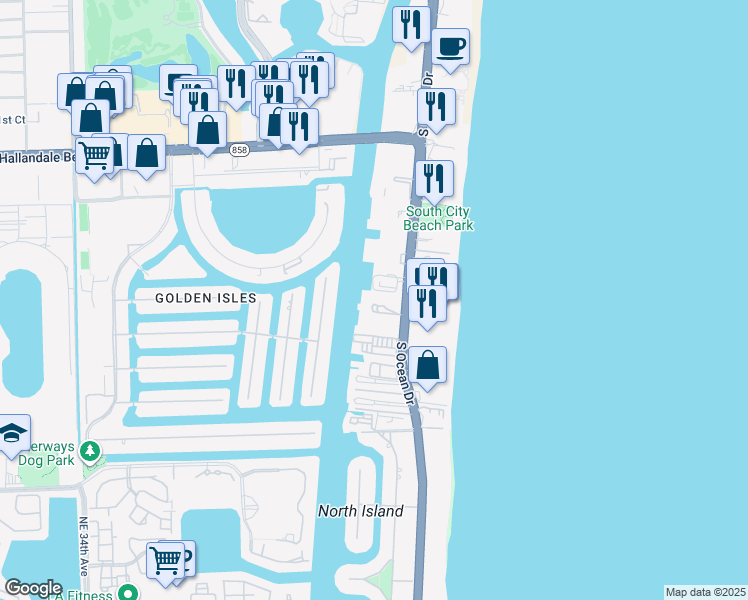 map of restaurants, bars, coffee shops, grocery stores, and more near in Hallandale Beach