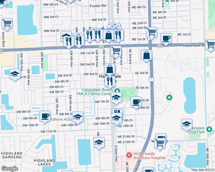 map of restaurants, bars, coffee shops, grocery stores, and more near 100 Southwest 5th Street in Hallandale Beach