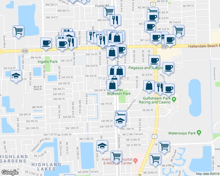 map of restaurants, bars, coffee shops, grocery stores, and more near 100 Southwest 5th Street in Hallandale Beach
