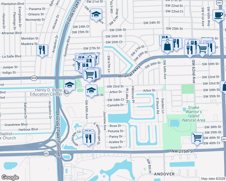 map of restaurants, bars, coffee shops, grocery stores, and more near 6733 Arbor Drive in Miramar