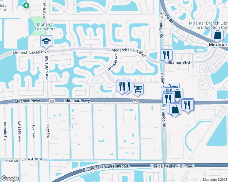 map of restaurants, bars, coffee shops, grocery stores, and more near 3121 Southwest 128th Avenue in Miramar