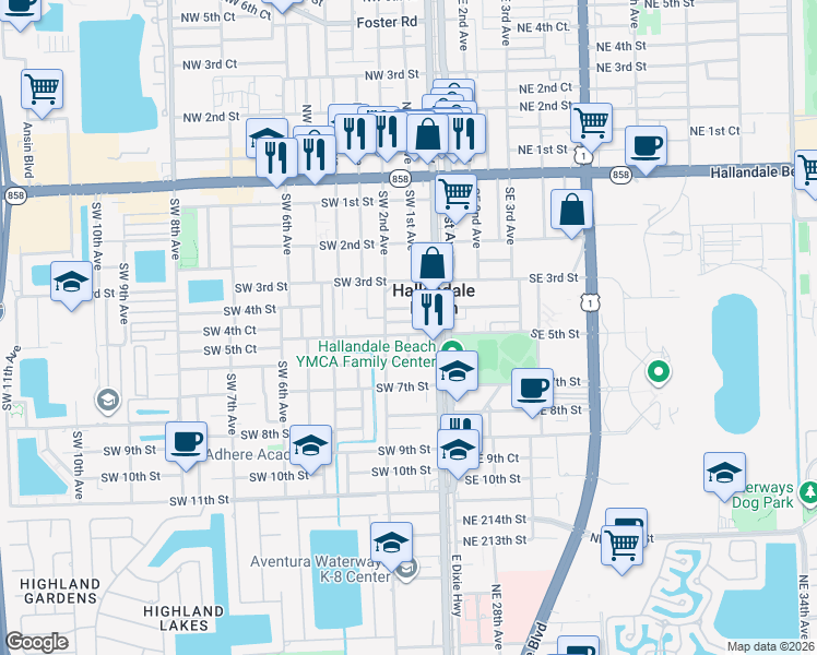 map of restaurants, bars, coffee shops, grocery stores, and more near 100 Southwest 5th Street in Hallandale Beach