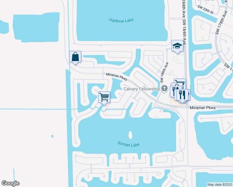 map of restaurants, bars, coffee shops, grocery stores, and more near 18930 Southwest 31st Court in Miramar