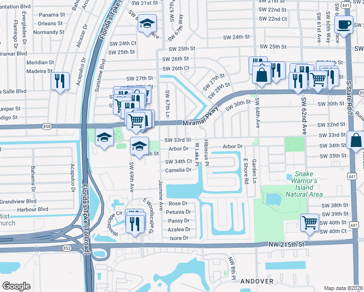 map of restaurants, bars, coffee shops, grocery stores, and more near 6733 Arbor Drive in Miramar