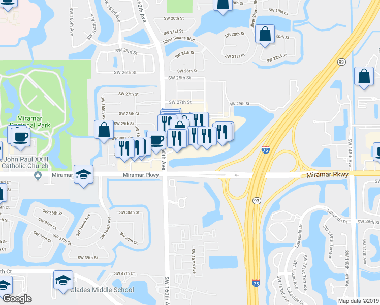 map of restaurants, bars, coffee shops, grocery stores, and more near 3221 Southwest 160th Avenue in Miramar
