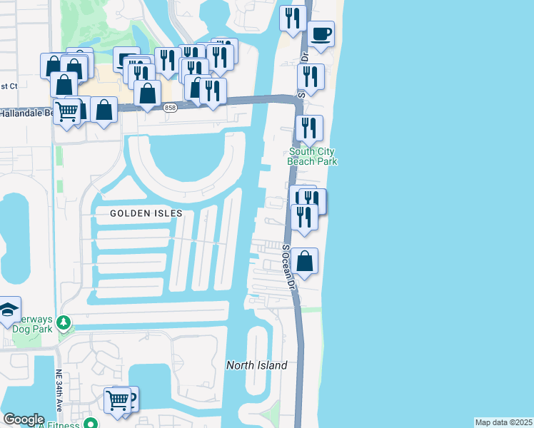 map of restaurants, bars, coffee shops, grocery stores, and more near in Hallandale Beach