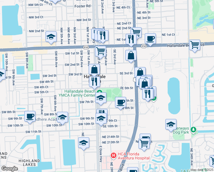 map of restaurants, bars, coffee shops, grocery stores, and more near 202 Southeast 5th Street in Hallandale Beach