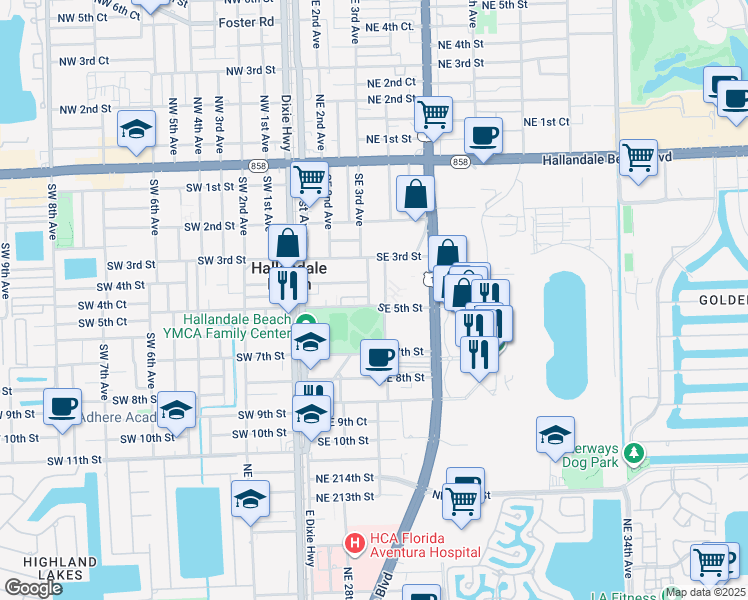 map of restaurants, bars, coffee shops, grocery stores, and more near 409 Gulfstream Street in Hallandale Beach
