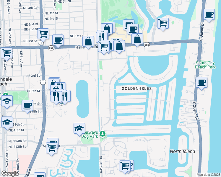 map of restaurants, bars, coffee shops, grocery stores, and more near 450 Layne Boulevard in Hallandale Beach