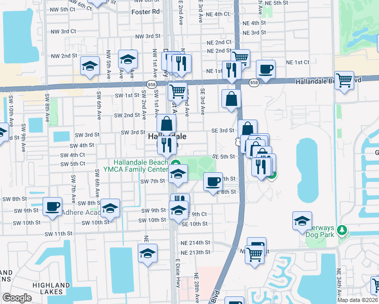 map of restaurants, bars, coffee shops, grocery stores, and more near 202 Southeast 5th Street in Hallandale Beach