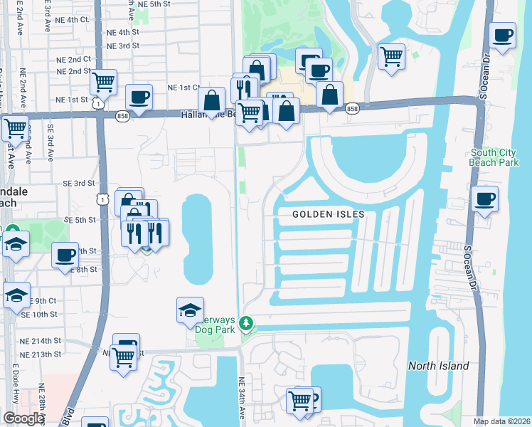 map of restaurants, bars, coffee shops, grocery stores, and more near 450 Layne Boulevard in Hallandale Beach