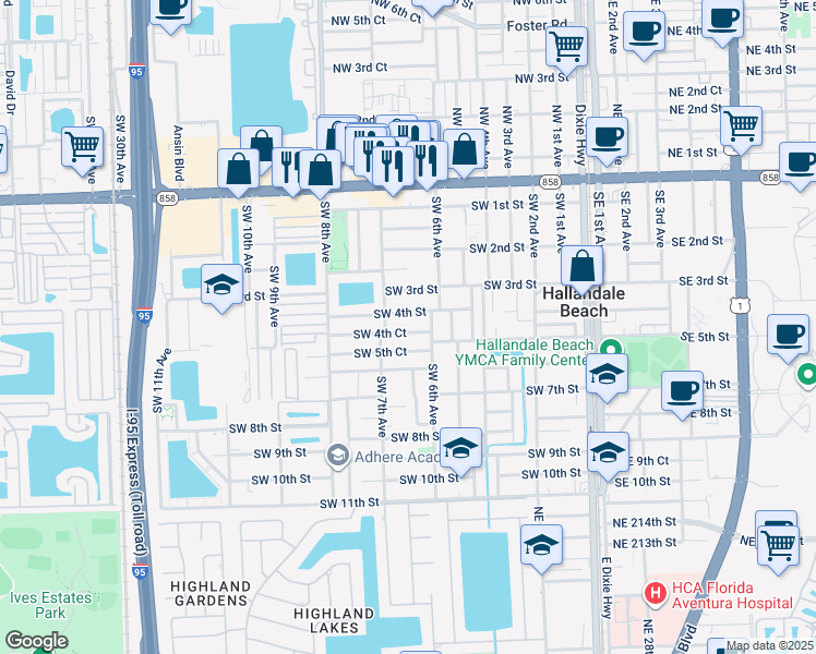 map of restaurants, bars, coffee shops, grocery stores, and more near 629 Southwest 4th Court in Hallandale Beach