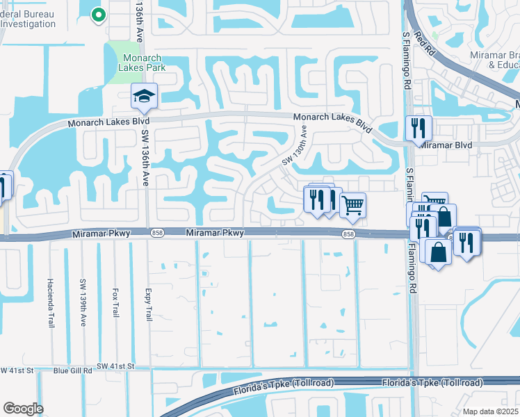 map of restaurants, bars, coffee shops, grocery stores, and more near 3157 Southwest 129th Way in Miramar