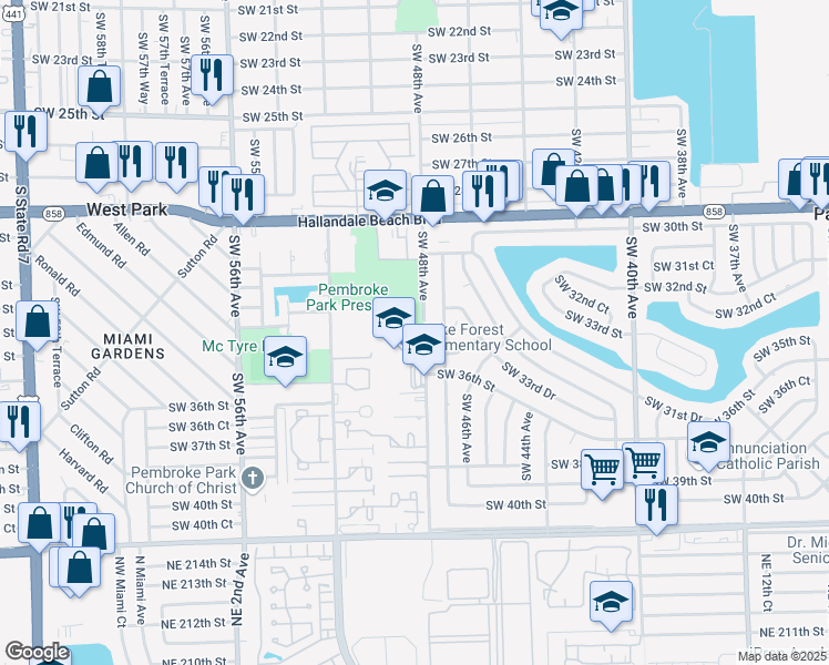 map of restaurants, bars, coffee shops, grocery stores, and more near 3450 Southwest 48th Avenue in Pembroke Park