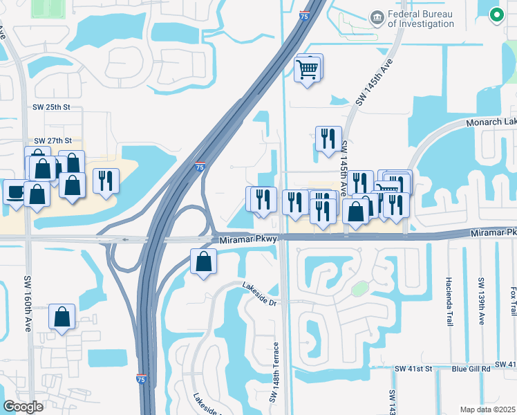 map of restaurants, bars, coffee shops, grocery stores, and more near 3000 Southwest 148th Avenue in Miramar