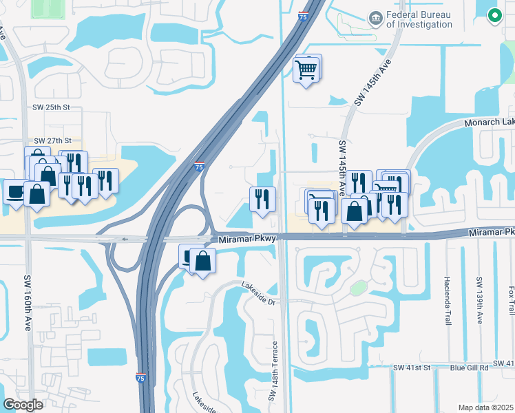 map of restaurants, bars, coffee shops, grocery stores, and more near 3000 Southwest 148th Avenue in Miramar