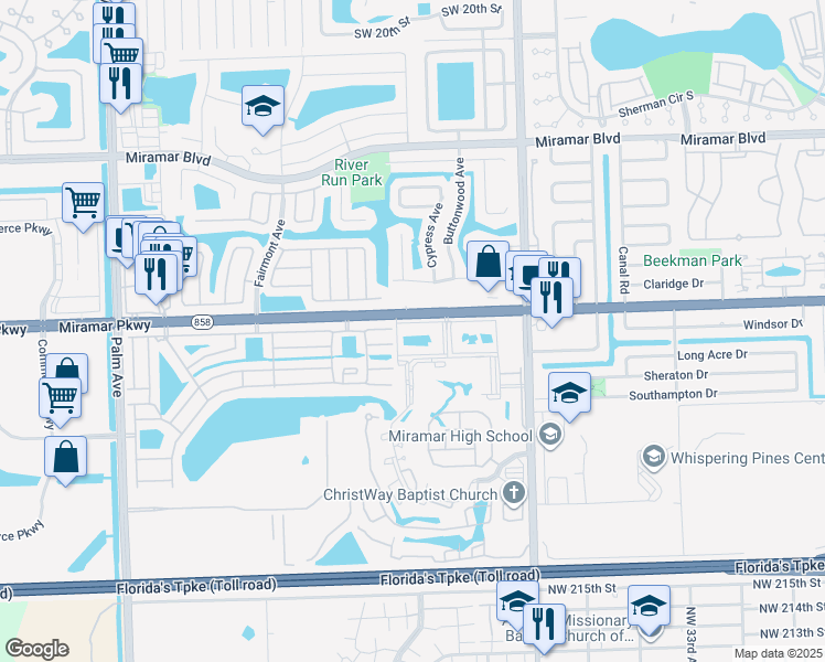 map of restaurants, bars, coffee shops, grocery stores, and more near 9291 East Fern Lane in Miramar