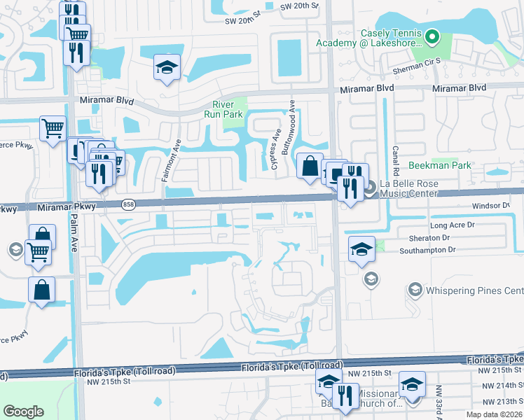 map of restaurants, bars, coffee shops, grocery stores, and more near 9291 East Fern Lane in Miramar