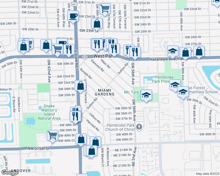 map of restaurants, bars, coffee shops, grocery stores, and more near 105 Ronald Road in West Park