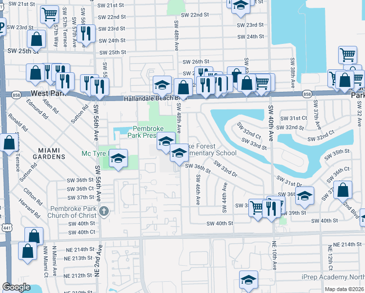 map of restaurants, bars, coffee shops, grocery stores, and more near 3450 Southwest 48th Avenue in Pembroke Park