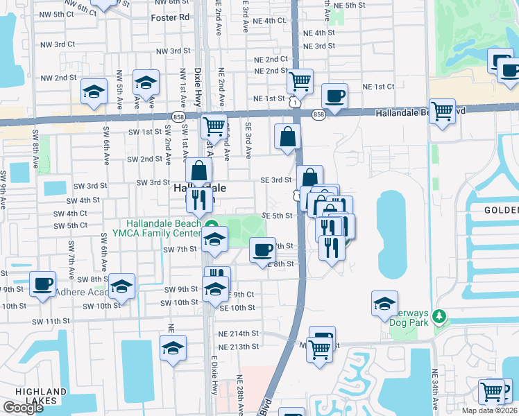 map of restaurants, bars, coffee shops, grocery stores, and more near 409 Gulfstream Street in Hallandale Beach
