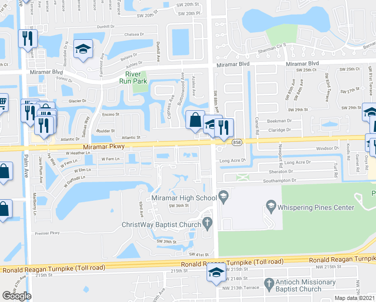 map of restaurants, bars, coffee shops, grocery stores, and more near 3235 Foxcroft Road in Miramar