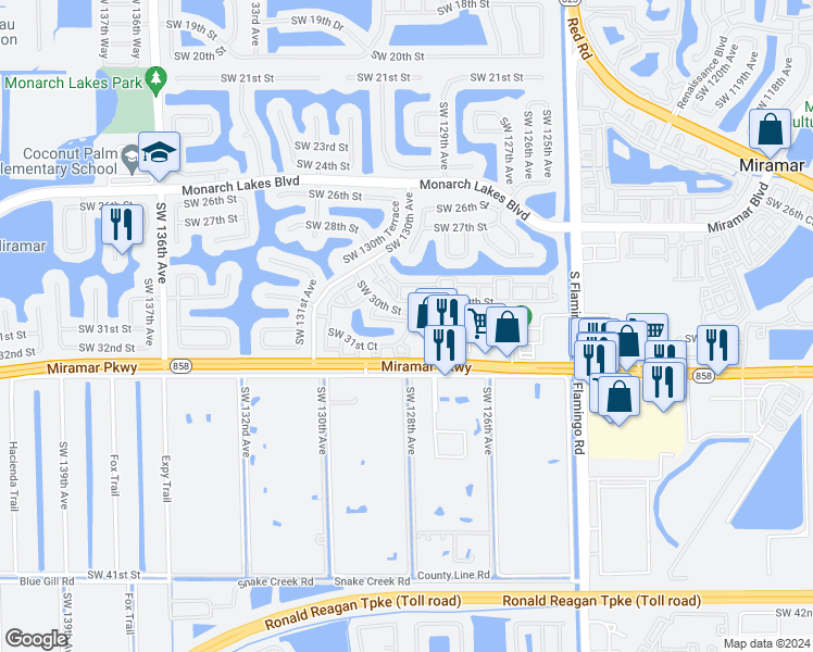 map of restaurants, bars, coffee shops, grocery stores, and more near 3121 Southwest 128th Avenue in Miramar